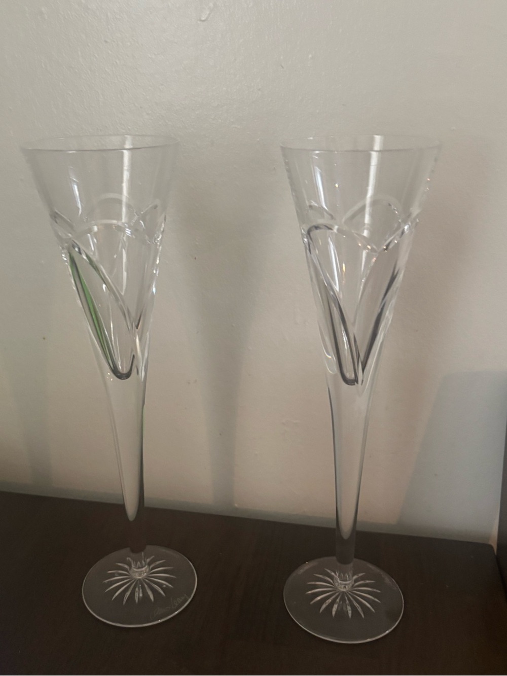 Waterford Clear Crystal flute champagne glasses with Cut Heart Motif – Pair